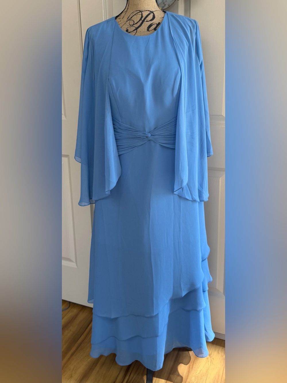 229: Formal Evening Dress with Pleated Waist in Sky Blue - 14/16